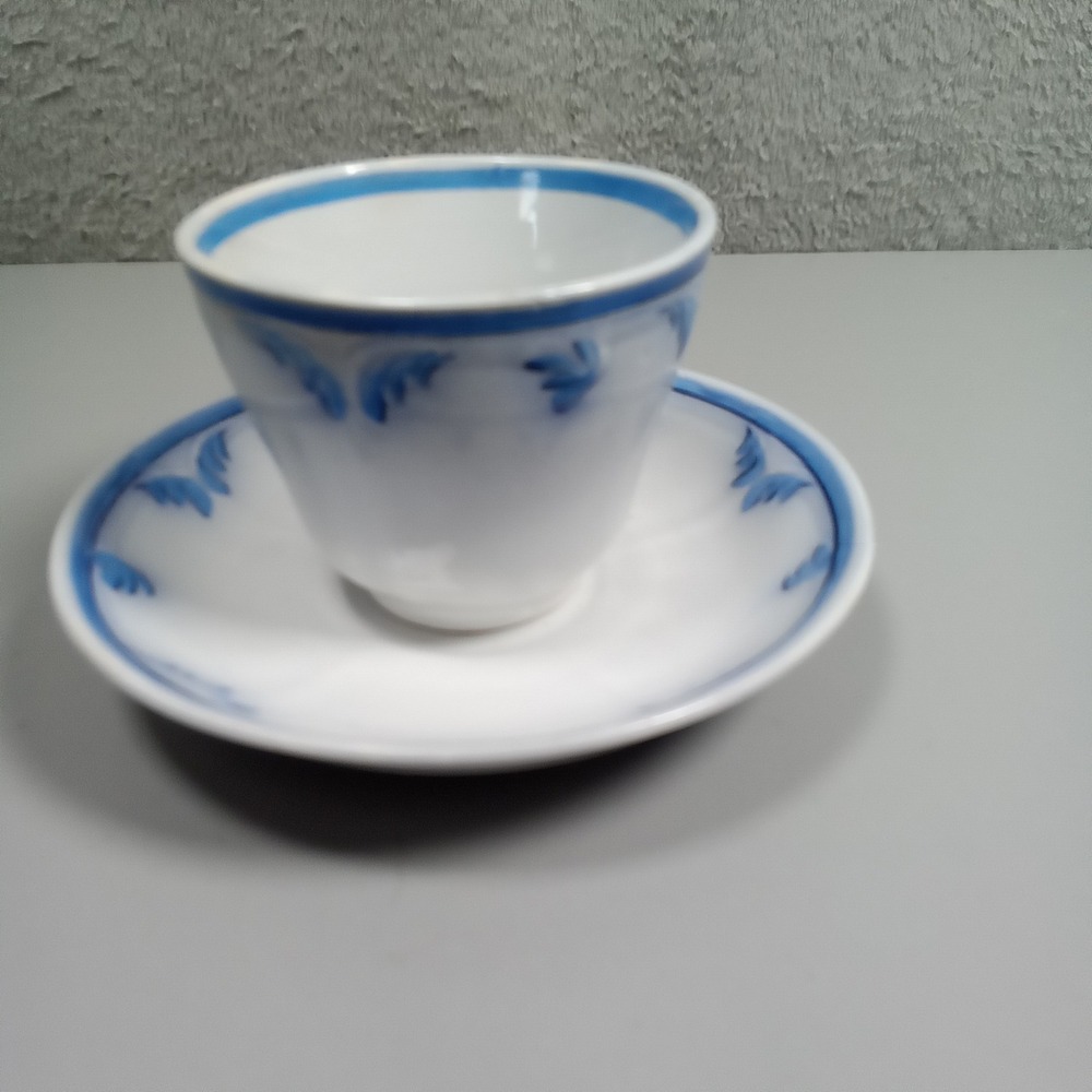 Vintage Bunder B&V Blue and White Hand Painted Ceramic Teacup and Saucer Set